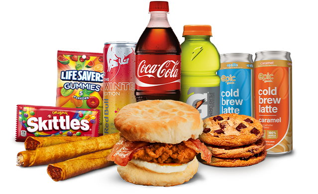 Snacks like Skittles, Starbursts and Lifesaver Gummies, 3 taquitos, Red Bull, Coke, a breakfast biscuit, a Gatorade, 3 cookies and 2 epic goods lattes.
